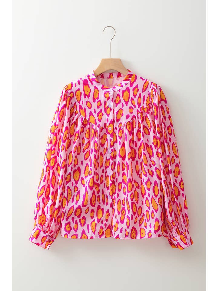 Rose Röd Leopard Ballongärm Oversize Skjorta för wholesale på Faire