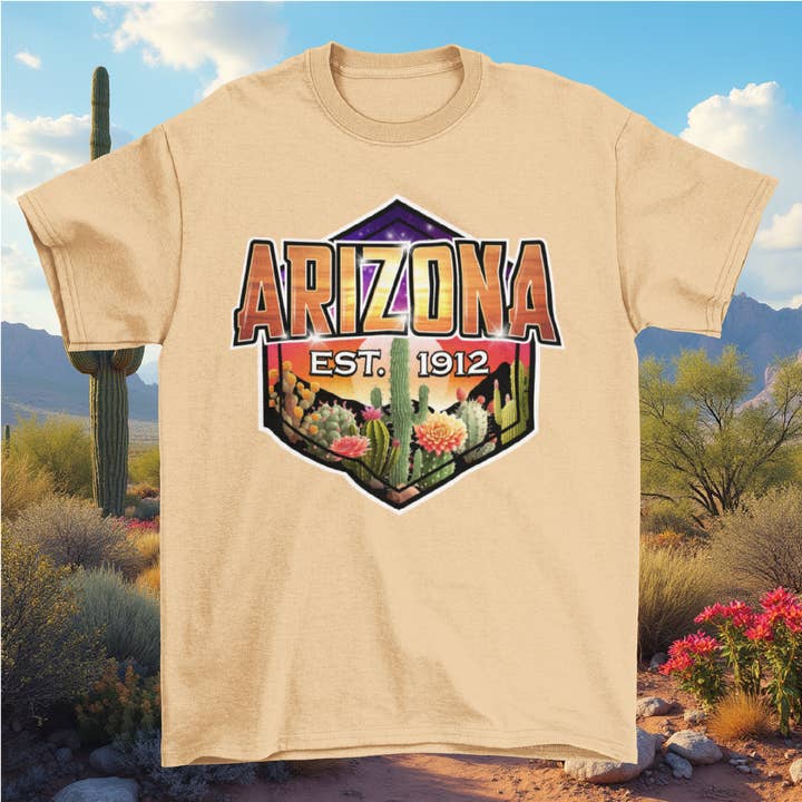 Desert Strength Arizona Cactus Shield T-Shirt for wholesale by Eyeconic Prints
