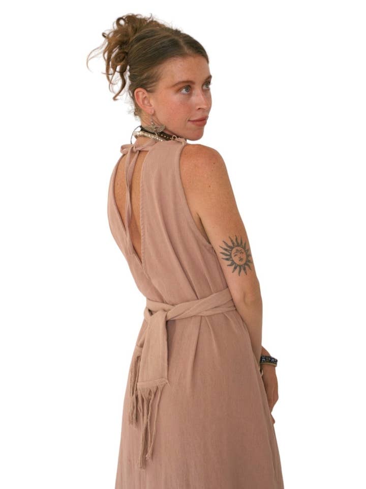 Organic Cotton Light Pink Fringe Dress (Open Back) for wholesale by Sacred Ceremony