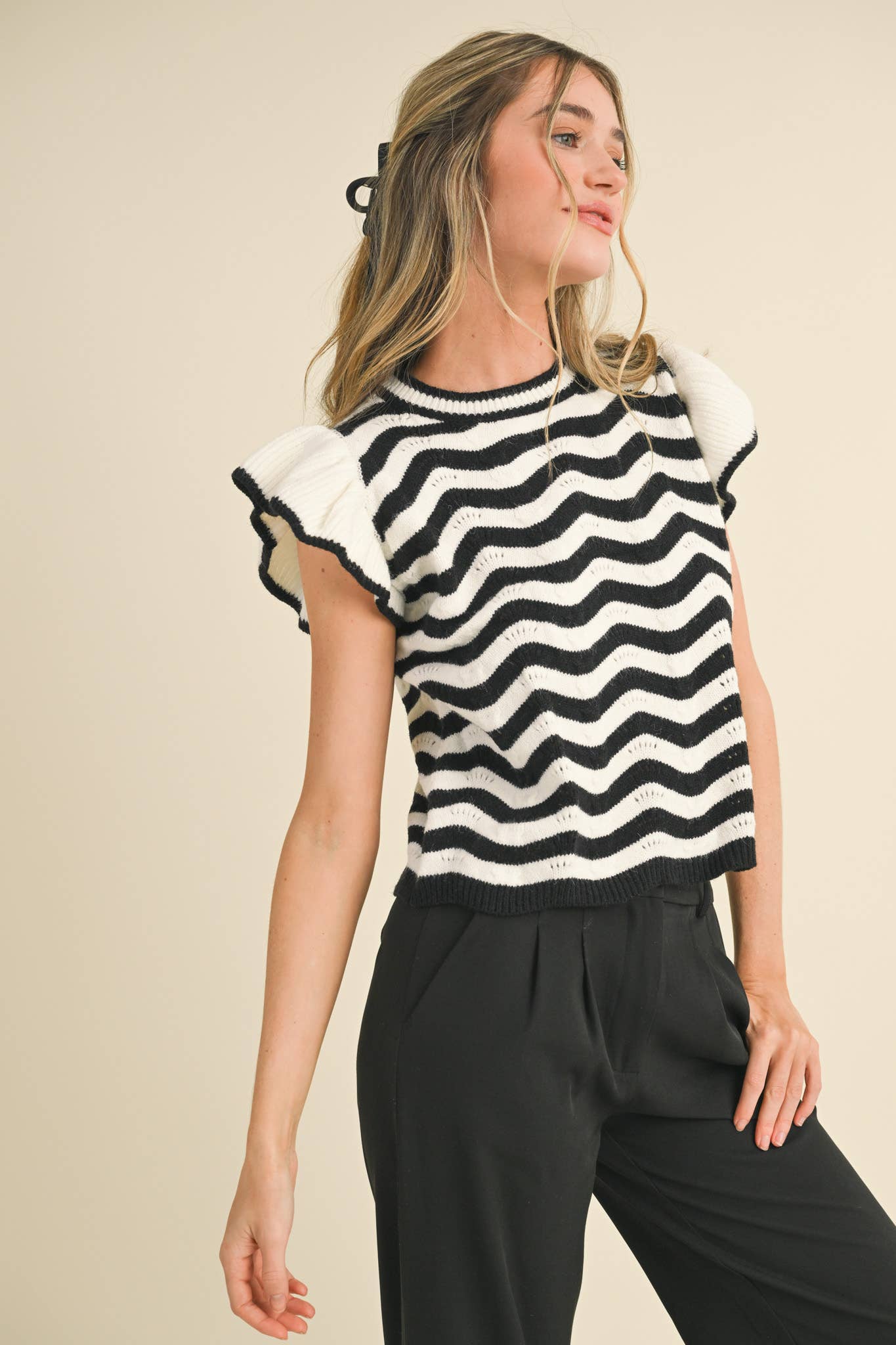 &MERCI - Wholesale Knit Sweater - Women's - WAVY STRIPES FLUTTER SLEEVE SWEATER TOP MSW105095