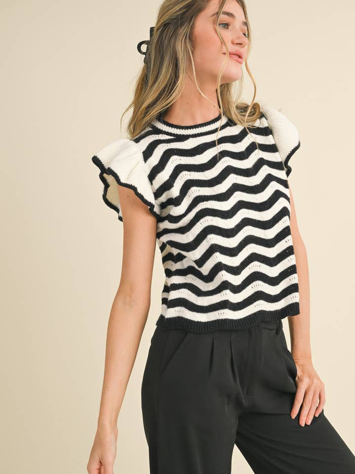 &MERCI - Wholesale Knit Sweater - Women's - WAVY STRIPES FLUTTER SLEEVE SWEATER TOP MSW105095