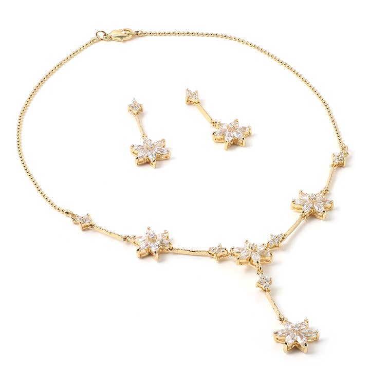 Gold Cubic Zirconia Flower Necklace and Earrings Set for wholesale by Cool Crystals