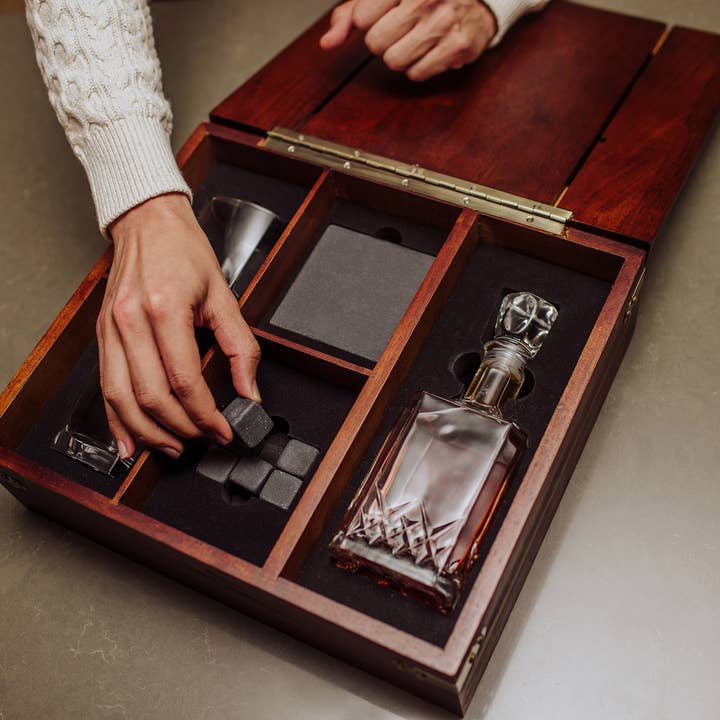 Dark Stain Parawood Whiskey Box with Decanter - Gift Set for wholesale on Faire13