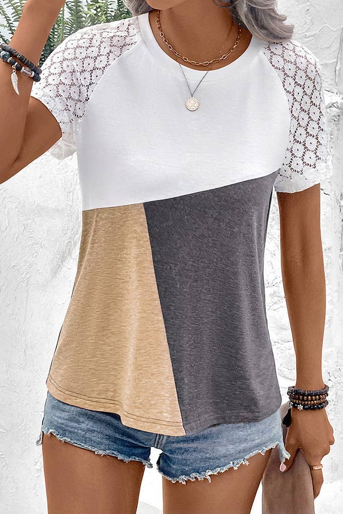 UNISHE - Wholesale Knit Top - Women's - Color Block Lace Sleeves Top YBL0587