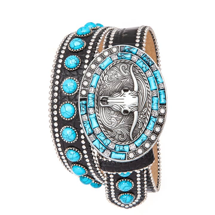 Rope & Spurs - Wholesale Belt - Women's - Long Horn Buckle Turquoise Pave Stone Western Belt