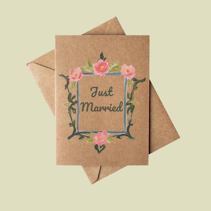Cryptic Paper Co. - Wholesale Wedding Card - Just Married Floral Fram Card Brown Kraft Paper Wedding Card1