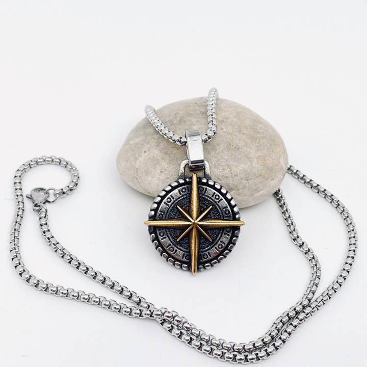 Mio Queena - Wholesale Pendant/Charm Necklace - Stainless Steel Navigator Cross Compass Charm Necklace - MNP2