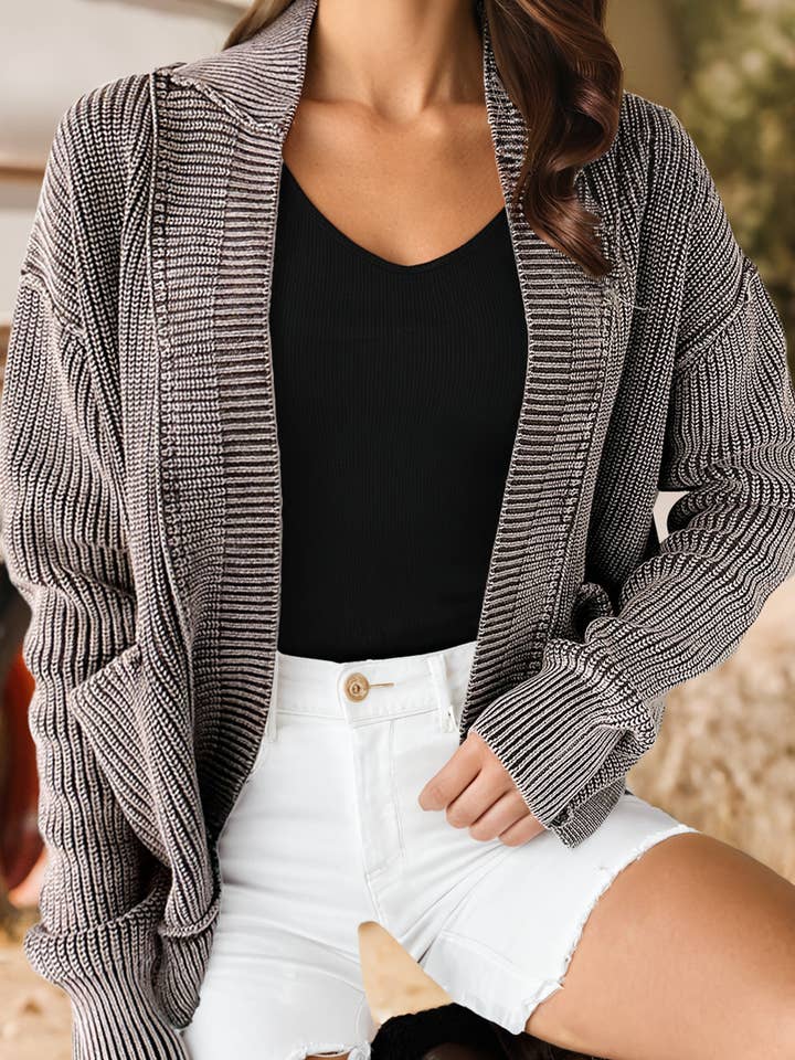 Mineral Wash Exposed Seam Patched Knit Open Sweater Cardigan for wholesale by fashionworks