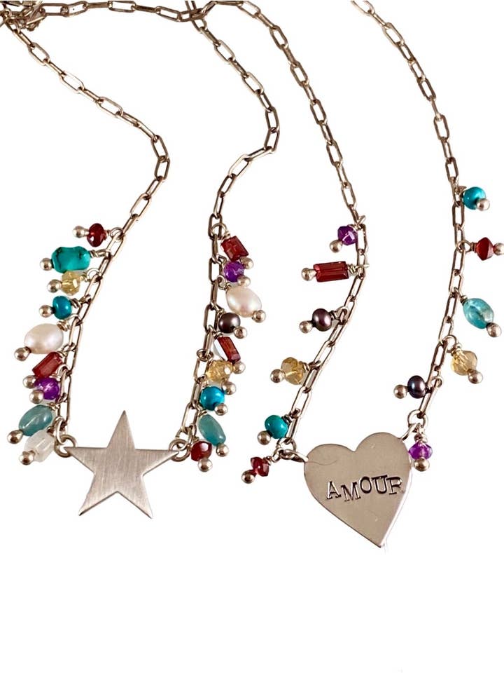 Collana in argento sterling con ciondolo a forma di stella e cuore «Amour» per la vendita all'ingrosso da parte di GK Designs