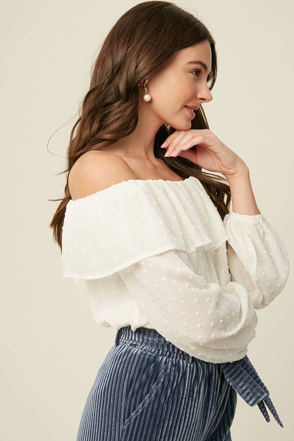 Cream Swiss Dot Off-Shoulder Ruffle Blouse LT0895 for wholesale on Faire6