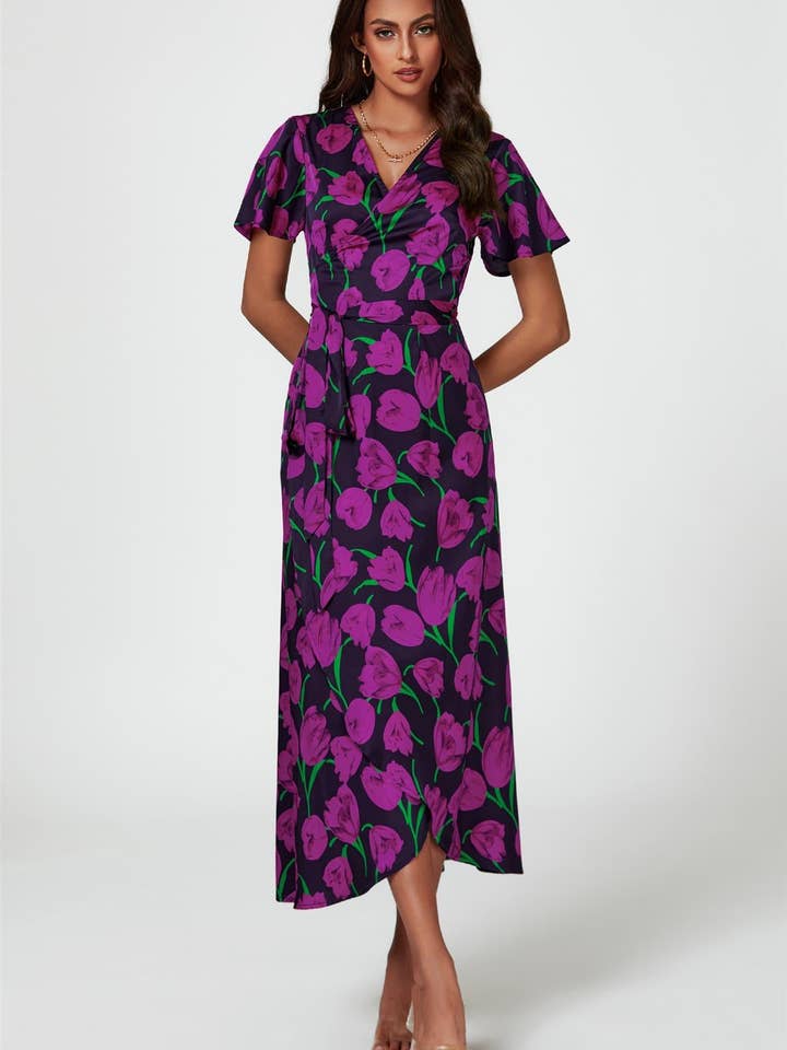 Floral Print Satin Wrap Maxi Dress In Magenta for wholesale by FS Collection