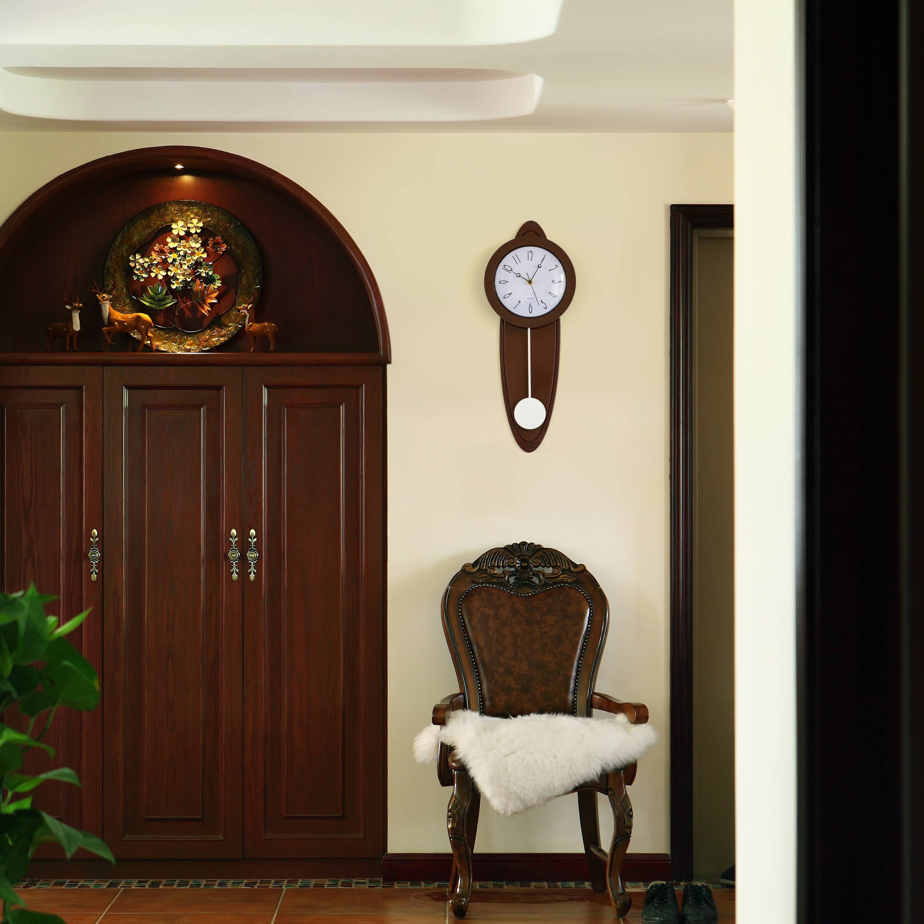 Quickway Imports - Wholesale Wall Clock - Modern Grandfather Brown Oval Pendulum Wood-Looking Plastic1