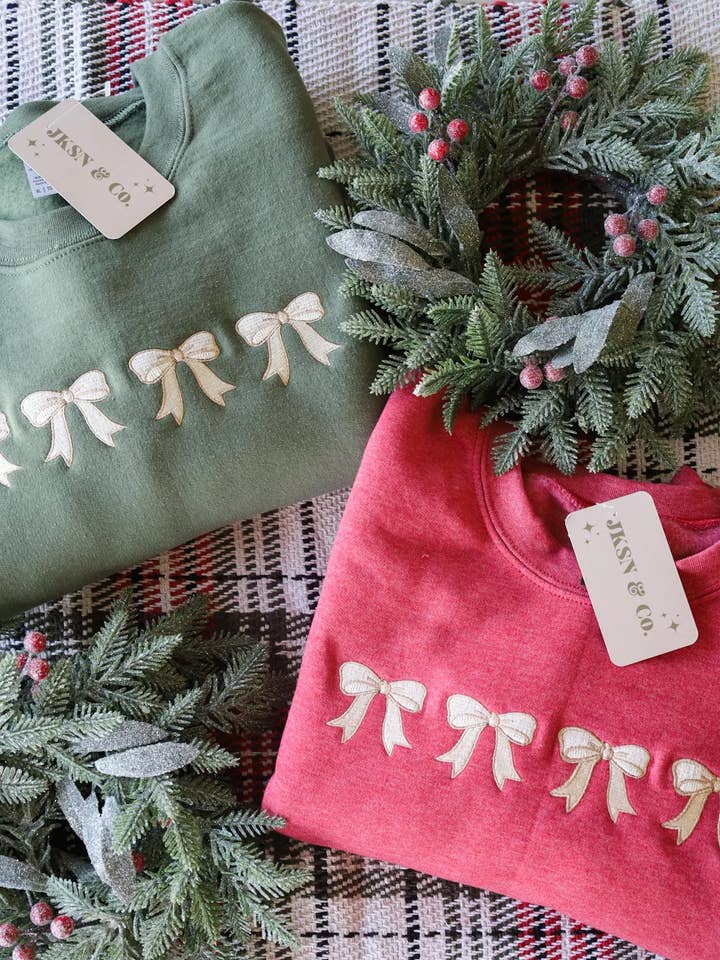 Beige Christmas Bows Embroidered Crewneck  for wholesale by JKSN & Co.