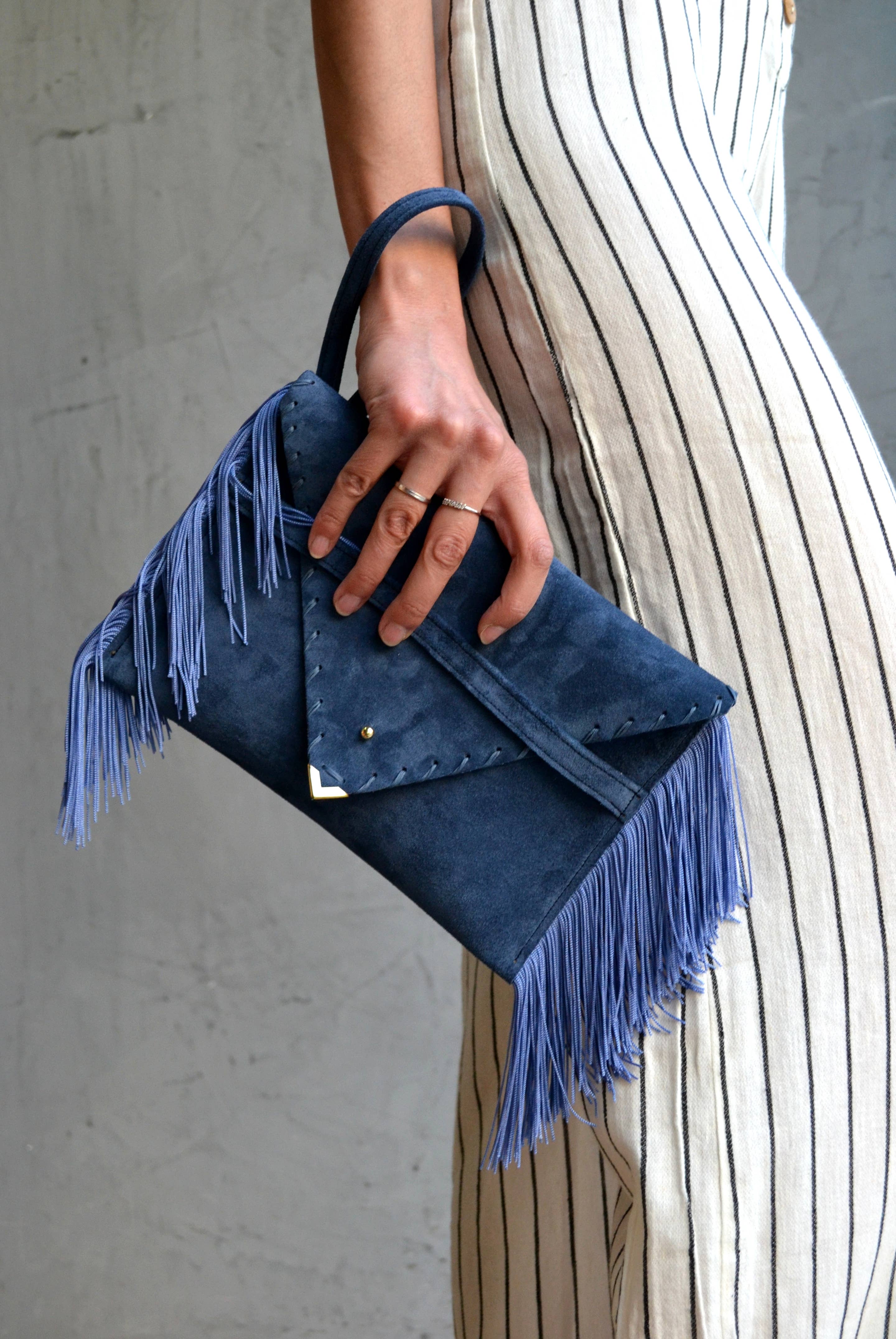 ANA KOUTSI - Wholesale Clutch Bag - Women's - Medusa Clutchin raf blue with silk fringes0