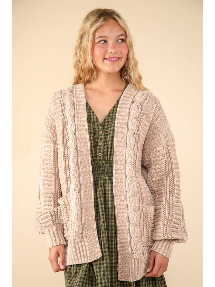 VERY J - Wholesale Cardigan - Women's - 12W3094N-Two Tone Knit Oversized Sweater Cardigan W/ Pockets