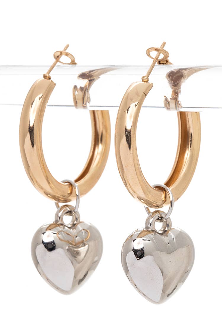 Artini Accessories - Wholesale Hoop Earrings - 2 Tone Heart Charm Hoop Earrings0
