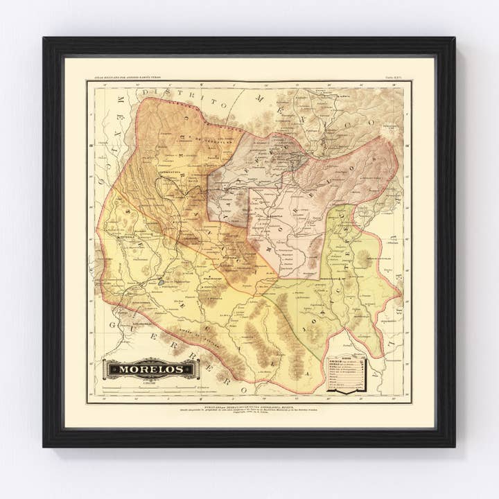Vintage Map of Morelos Mexico, 1886 for wholesale by Ted's Vintage Art