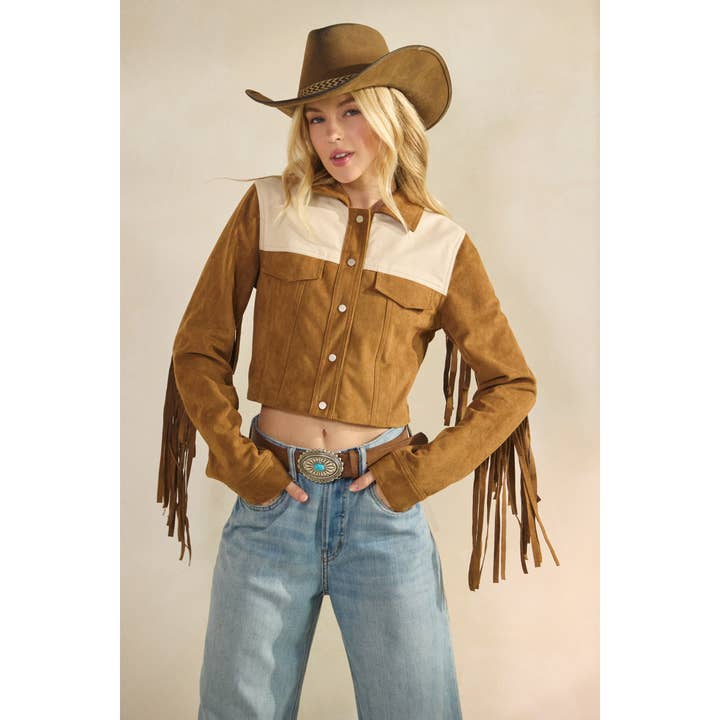 Camel Suede Jacket with Fringe Detail for wholesale on Faire14