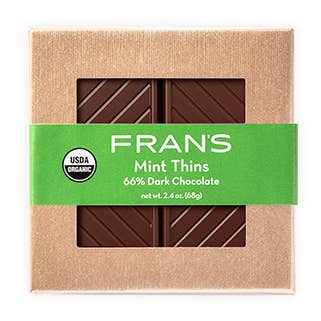 Fran's Mint Chocolate Thins - 65% Organic Dark - 2.4 OZ for wholesale by Crown Pacific Fine Foods