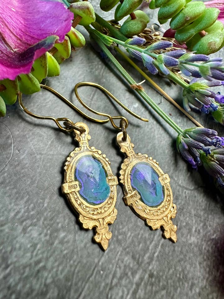 Gilded Pool Iridescent Earrings- Hand Beaten Brass Resin for wholesale by The Sunstone on Main