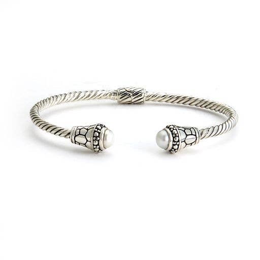 Brazalete de cable trenzado SS de 3 mm con perla blanca de agua dulce para venta al por mayor de Eli Pebble