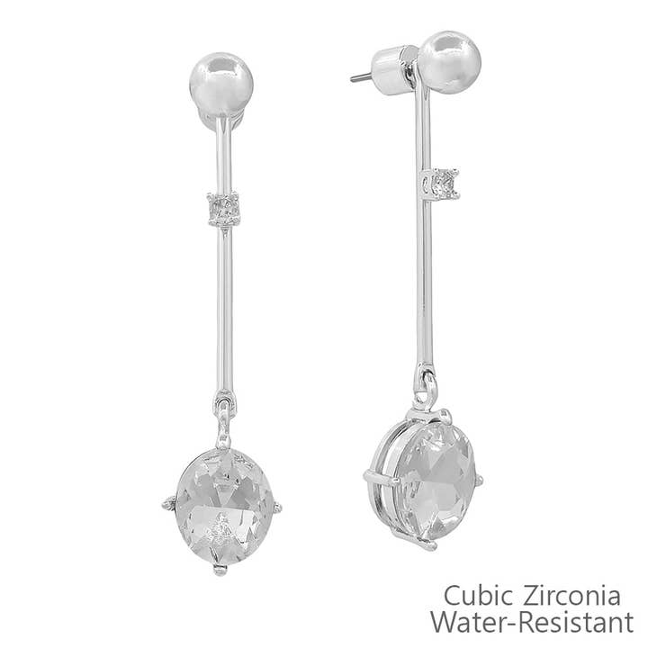 2" 6MM Silver Bar Oval Crystal Drop Earring for wholesale by What's Hot