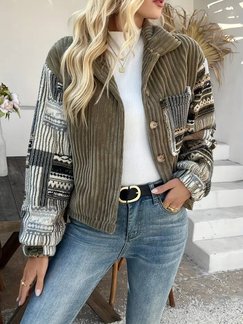 Olive Western Aztec patchwork fleece button-up jacket for wholesale on Faire0