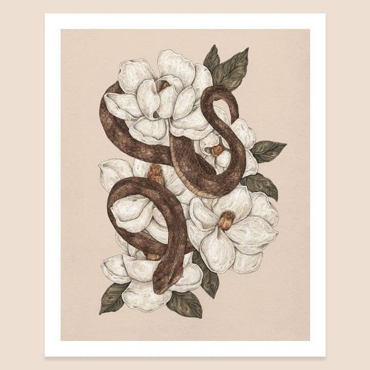 8” x 10” Snake and Magnolias Print for wholesale by Jessica Roux Illustration