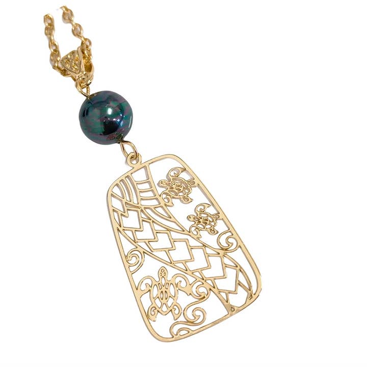 Anela's Jewelry - Wholesale Pendant/Charm Necklace - Hawaiian Honu Sea Turtle Tribal Wave Rectangle : Hamilton Gold Necklace with Shell Pearls