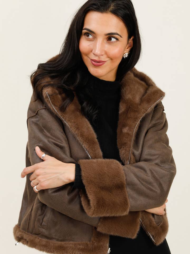 Short Faux Suede Jacket with Reversible Fur Lining for wholesale by DIX-ONZE