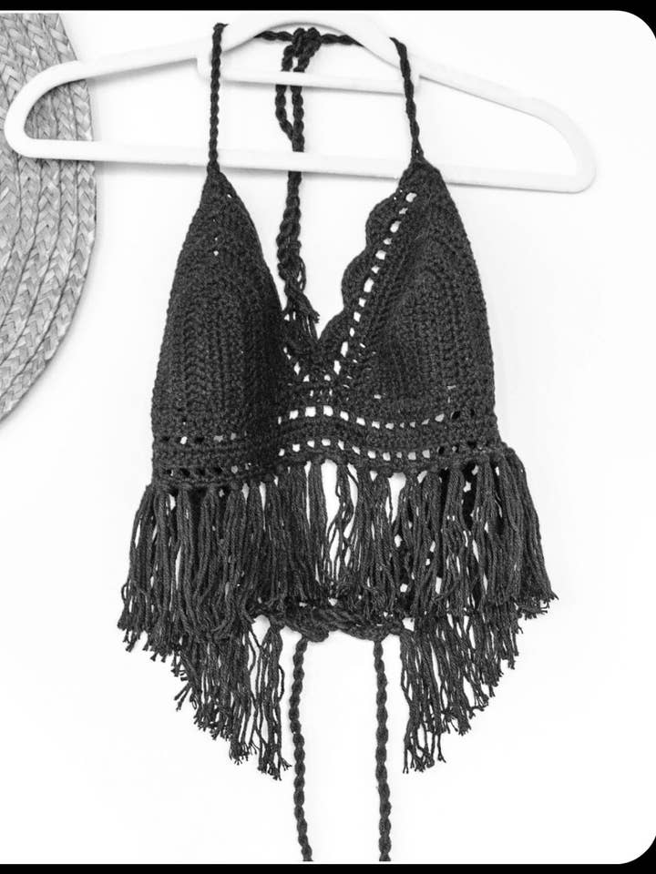 mayAqua - Vente Haut en maille – femme - Haut en crochet noir, haut à franges en crochet, vêtements hippie des années 605