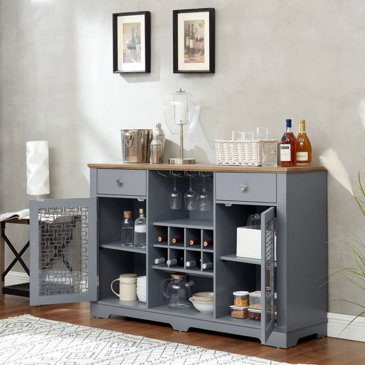 Orange County Decor - Wholesale Cabinet - Modern Farmhouse Buffet Cabinet, Sideboard With 2 Drawers And Elegant Glass Door Cabinets, Wine And Glass Rack, Coffee Bar For Kitchen, Dining Room, Light Blue And Light Oak, 56.46"W*15.55"D*35.74"H5