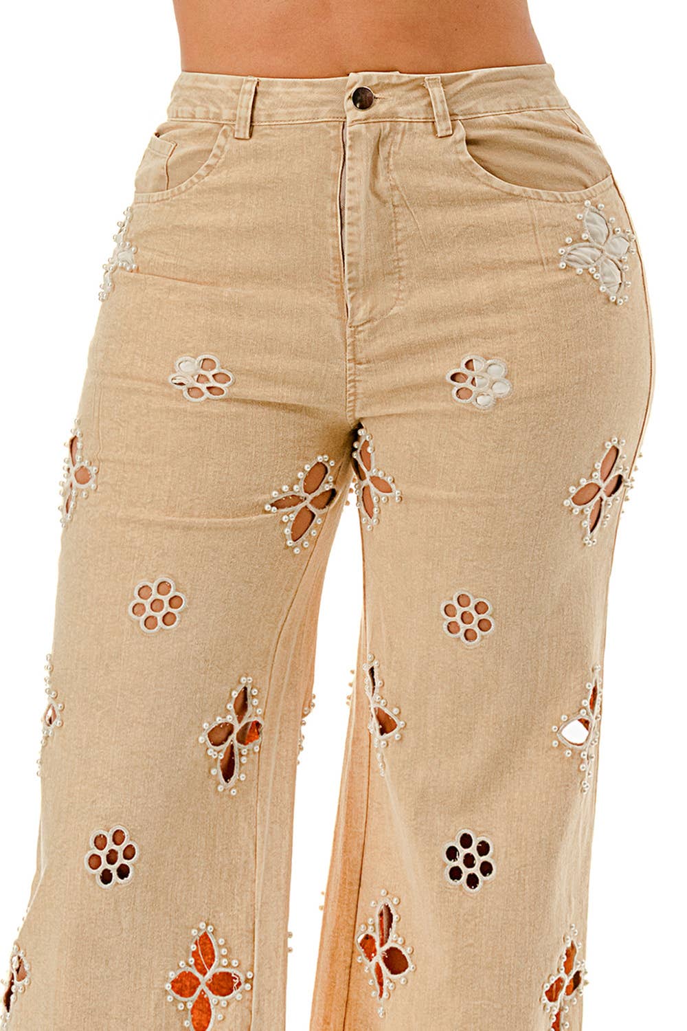 SALT - Vente Pantalon – femme - (SP5058)Pantalon large à découpes florales en perles9