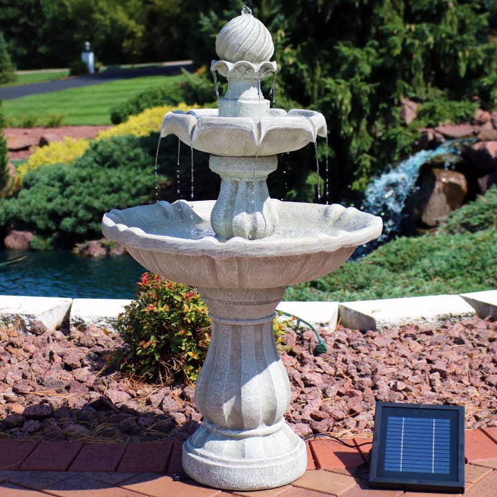 Outdoor 2-Tier Solar Water Fountain with Battery - White for wholesale by Sunnydaze Decor