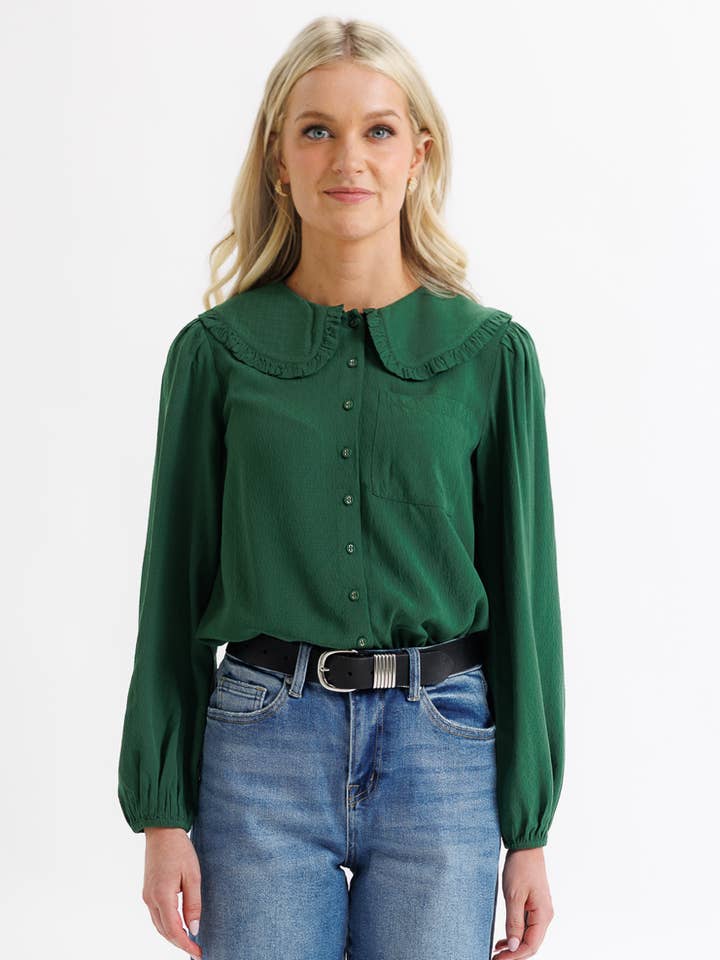 Emerald Green Peter Pan Collared Button Down Long Sleeve Top for wholesale by Downeast