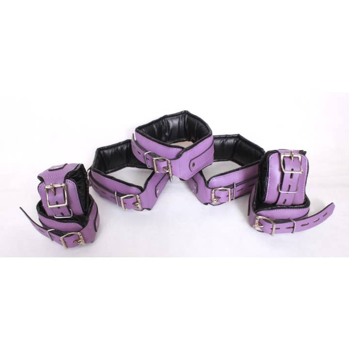 greenman premier essentials - Venta al por mayor Juguetes eróticos - Juego de esposas de muñeca y tobillo de cuero genuino para BDSM, color morado y negro3
