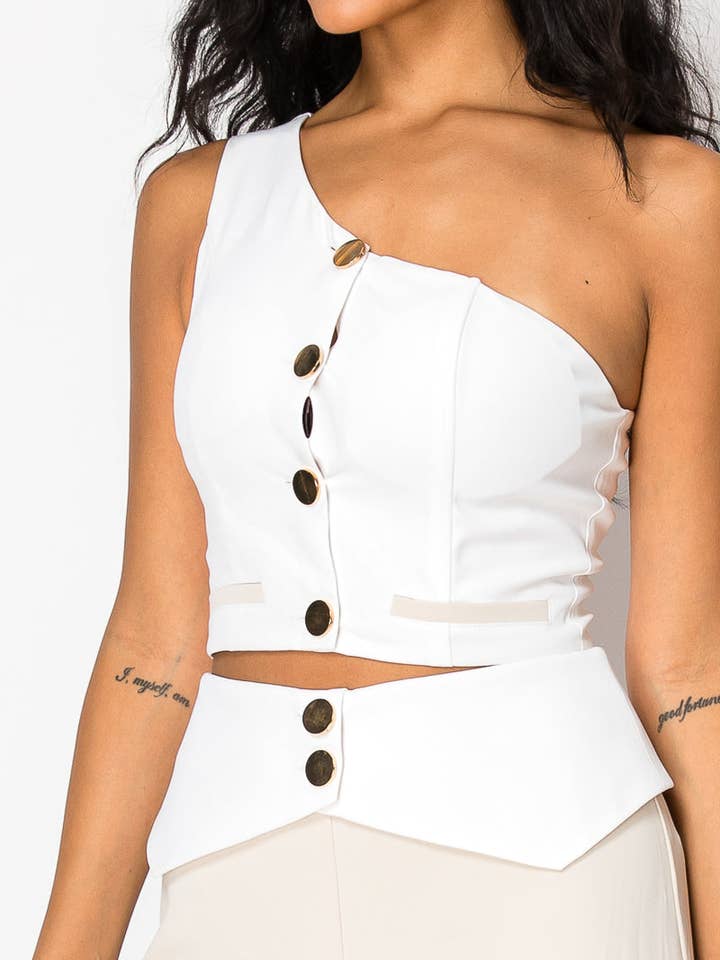 Beige Contrast Wide Pant Set With One Shoulder Top for wholesale on Faire12