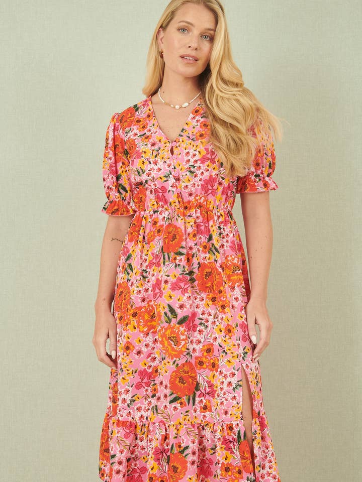 Yumi Roze Bloemen Midi Jurk Met Volantzoom en Pofmouwen voor wholesale door Yumi