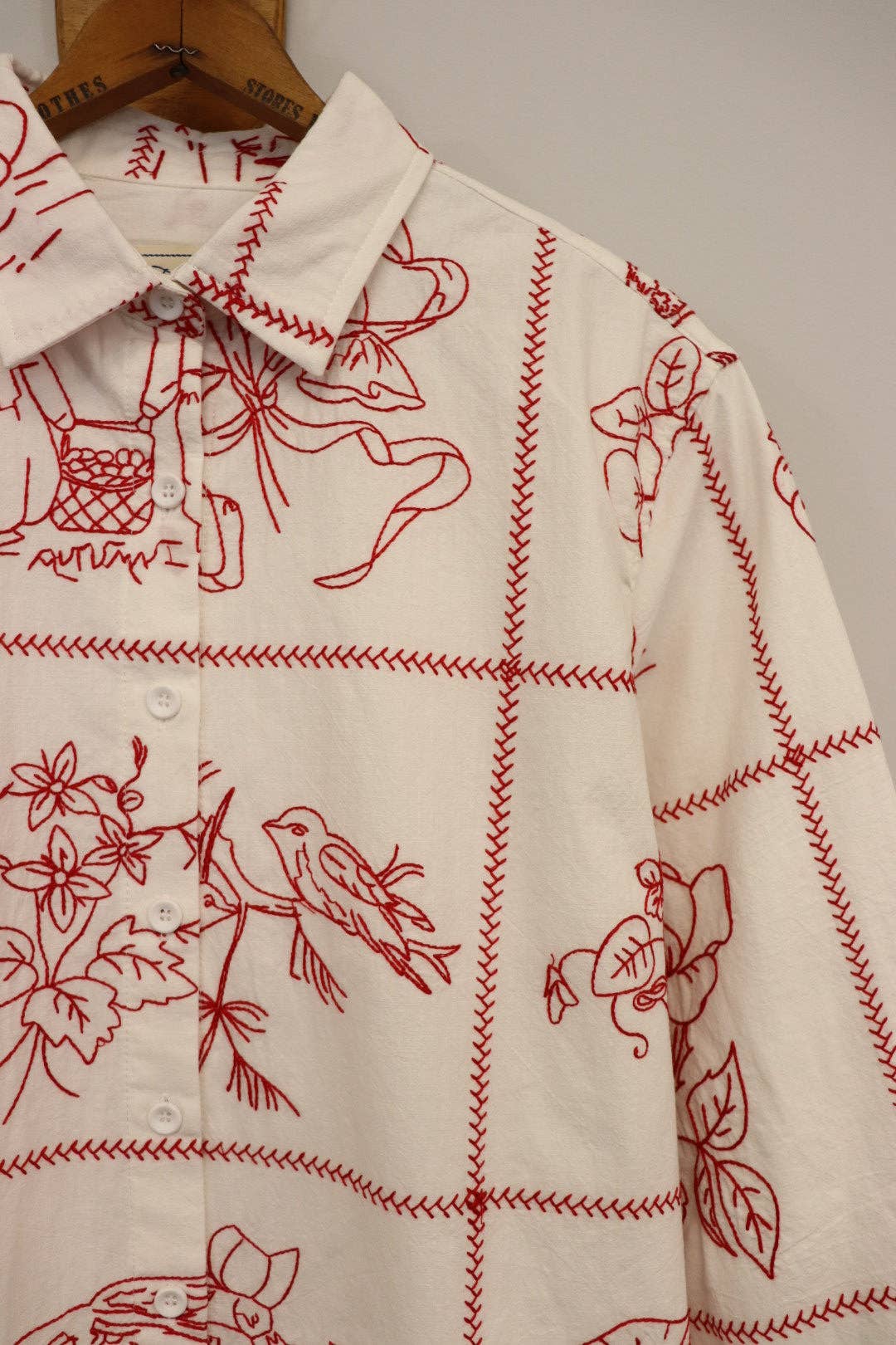 Farewell Frances – wholesale Tröja med knappar – Unisex – Redwork Broderad George Långärmad Skjorta SZ S - XXL GLS42