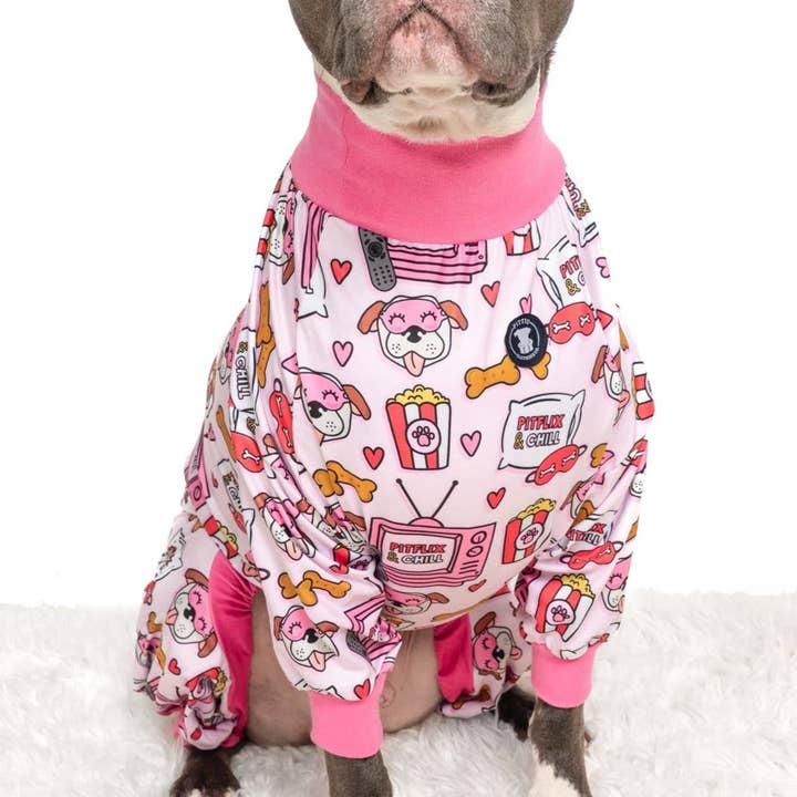 Pink 'Pitflix & Chill' Pit bull Pajamas for wholesale by Pittie Clothing Co.