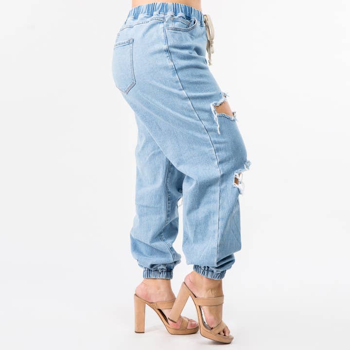 American Bazi - Wholesale Jeans - Women's - PLUS SIZE HIGH WAIST CUT OUT DENIM JOGGERS-RJJ8398P