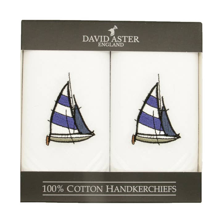 Sail Boat Embroidered White Cotton Handkerchief for wholesale by Dalaco - incorporating David Aster