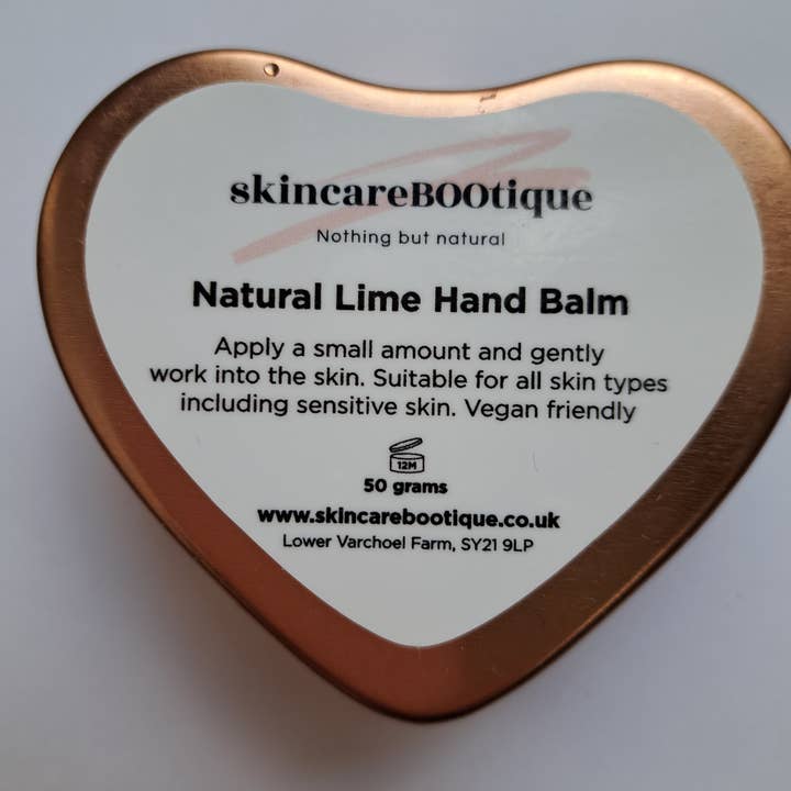 Baume pour les mains naturel au citron vert dans une boîte en forme de cœur en or rose végétalien pour la vente par SkincareBOOtique