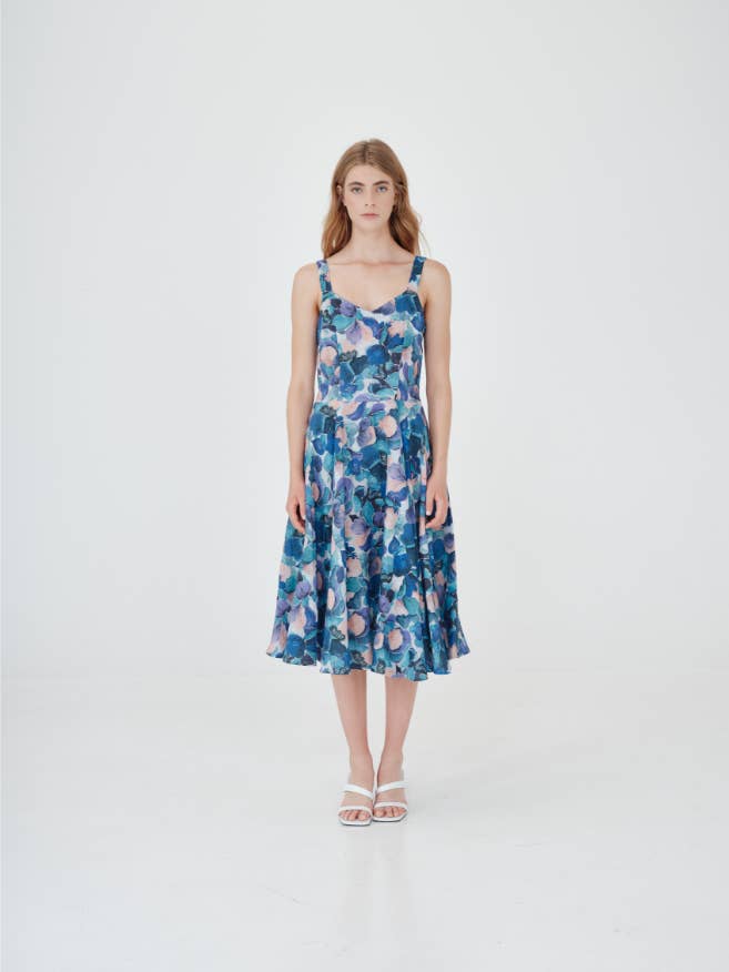 Abito in lino stampato con scollo a cuore dolce per la vendita all'ingrosso da parte di Haris Cotton