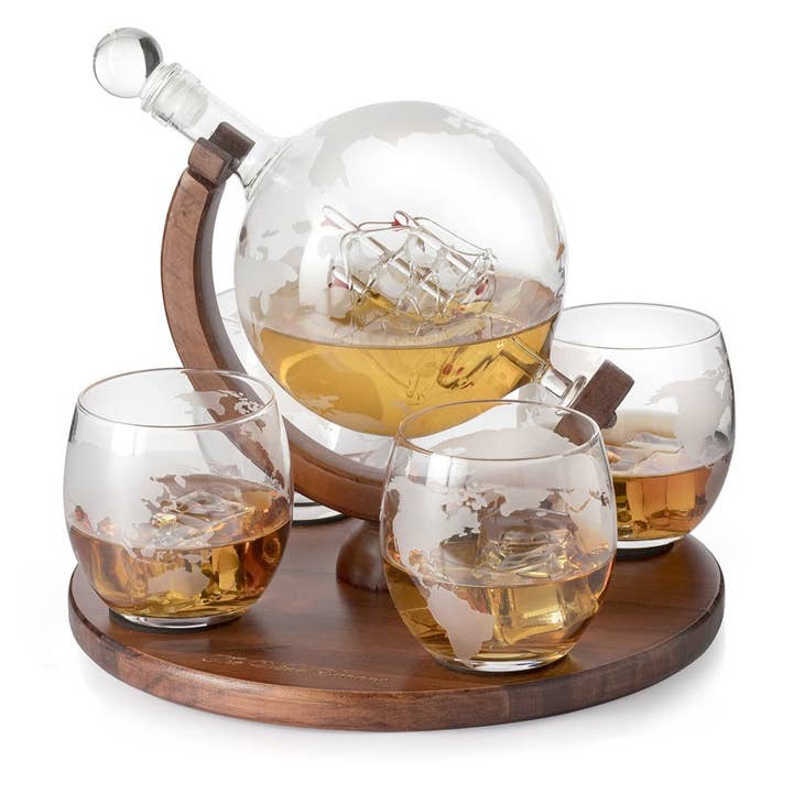 The Wine Savant / Khen Glassware – wholesale Decanter – Etched World, Ship Whiskey Globe Decanter Set of 4 Glasses