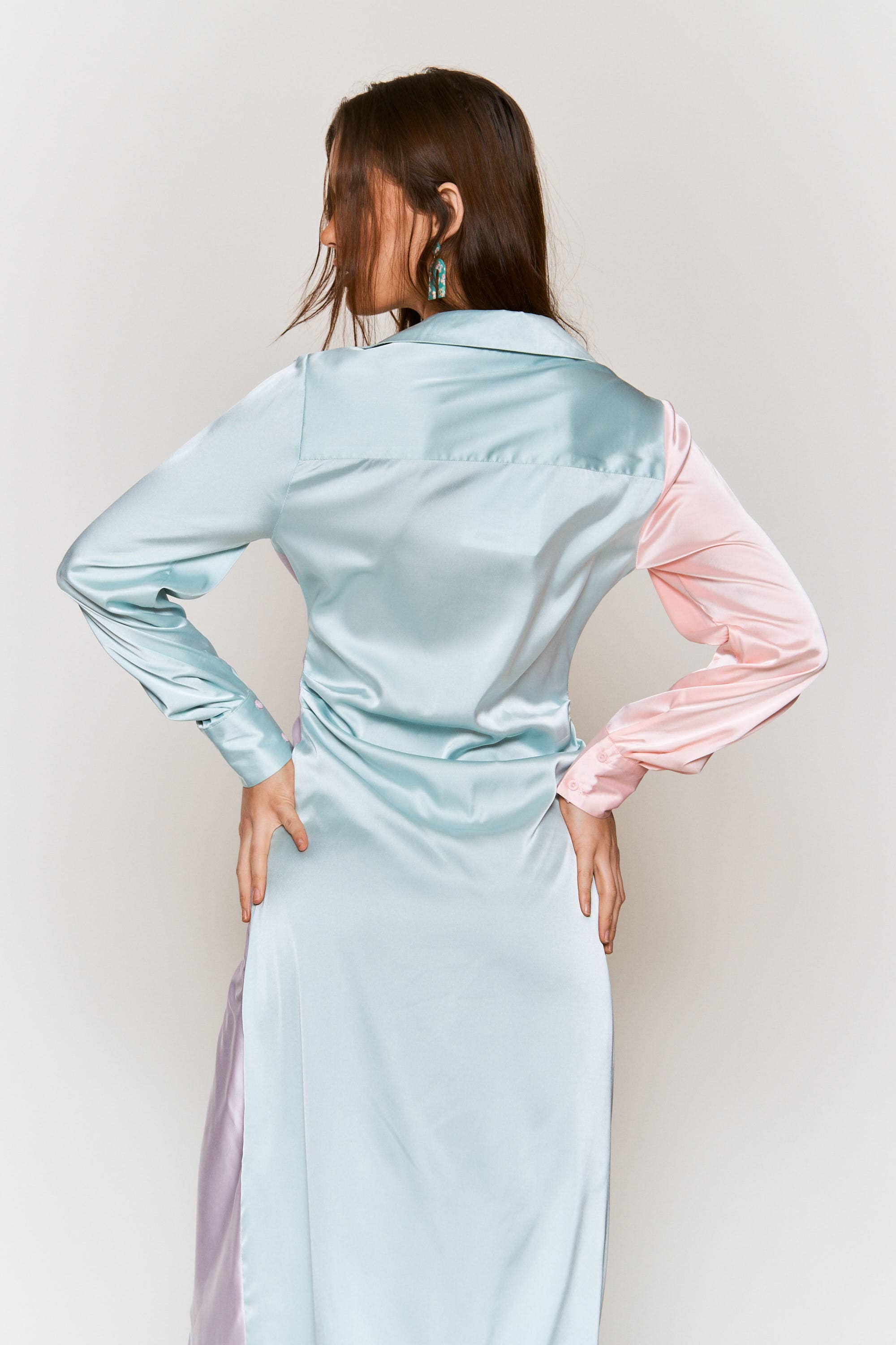 Hers & Mine - Wholesale Dress - Women's - Color Block Button Down Satin Midi Dress - Luxurious Feel5