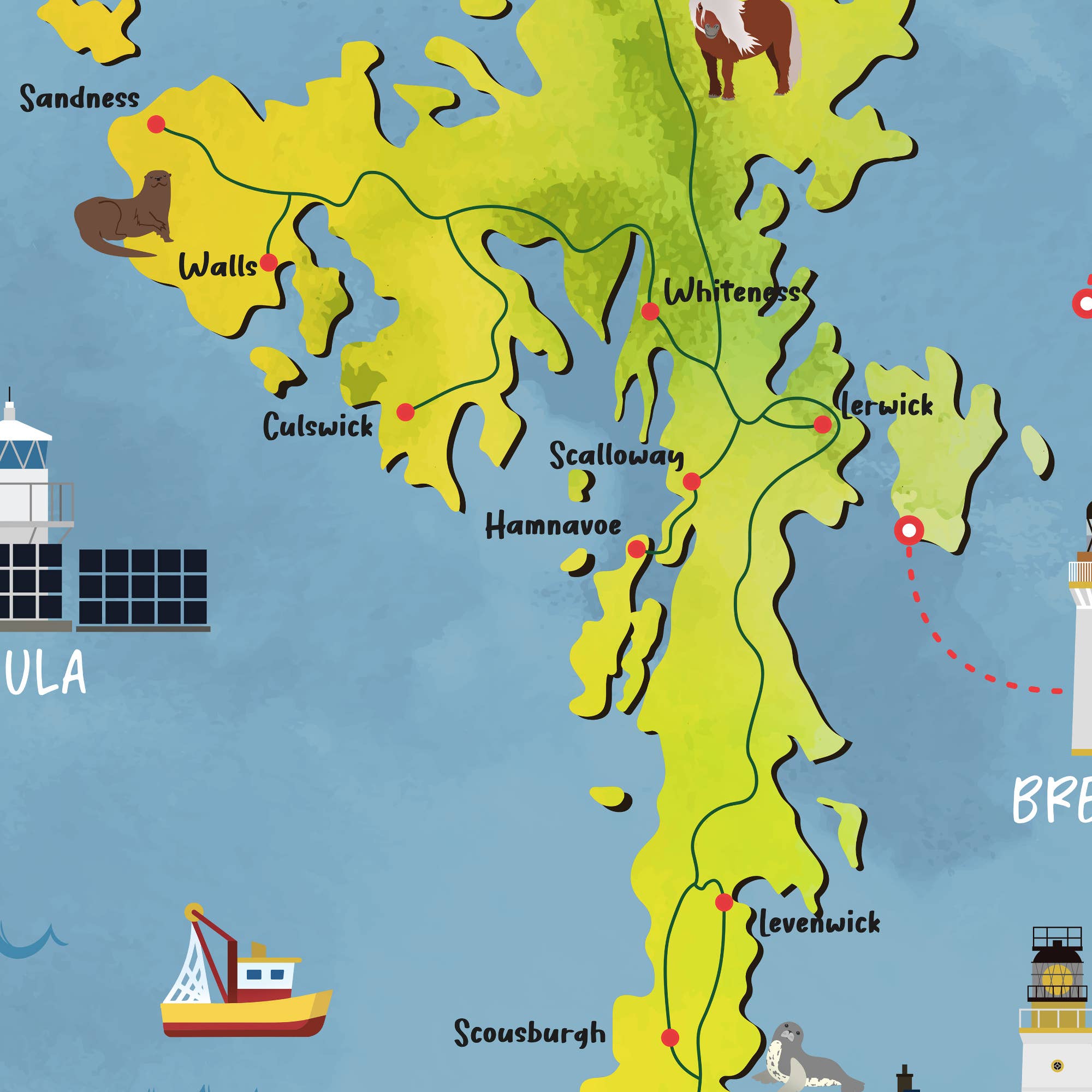 Printagonist – wholesale Poster – Shetland Isles Map | Pictorial Lighthouse Poster | Scotland2