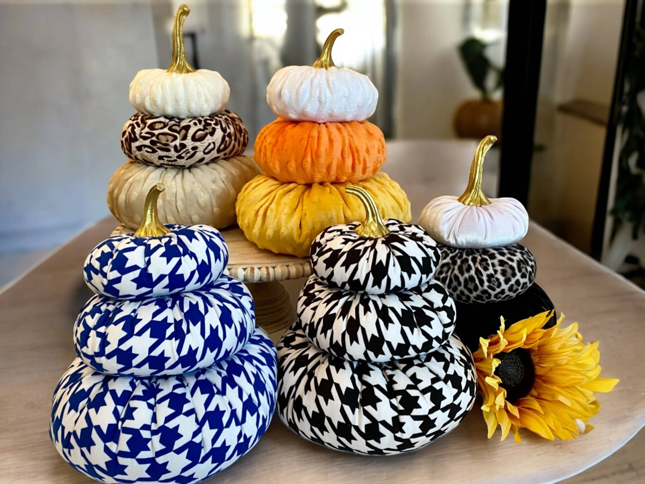Leanne Bruce Co. - Wholesale Decorative Tabletop Object - Fabric Pumpkin Tiered Stacks Colorful Statement Centerpiece