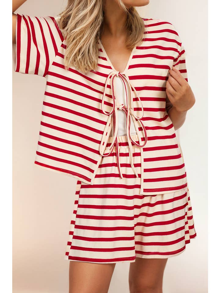 Red Stripe Lace-up Front Top and High Waist Shorts Set for wholesale on Faire