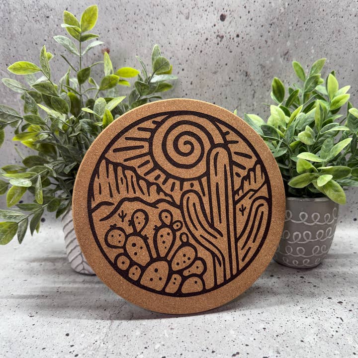 8" Desert Swirl Engraved Cork Trivet for wholesale by Blaze Design Co.